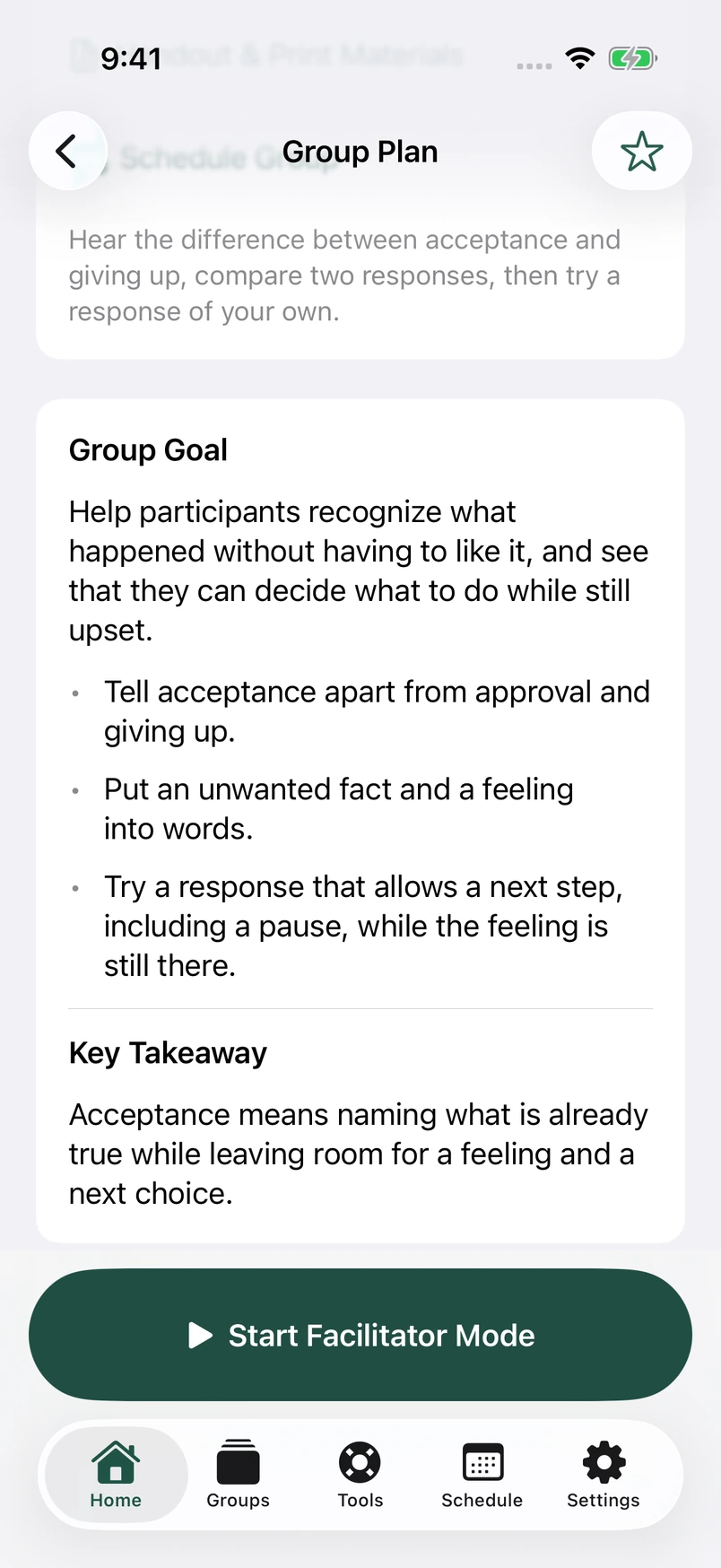 Acceptance 30-minute plan with Group Goal, Key Takeaway, Start Facilitator Mode, and the Schedule tab.
