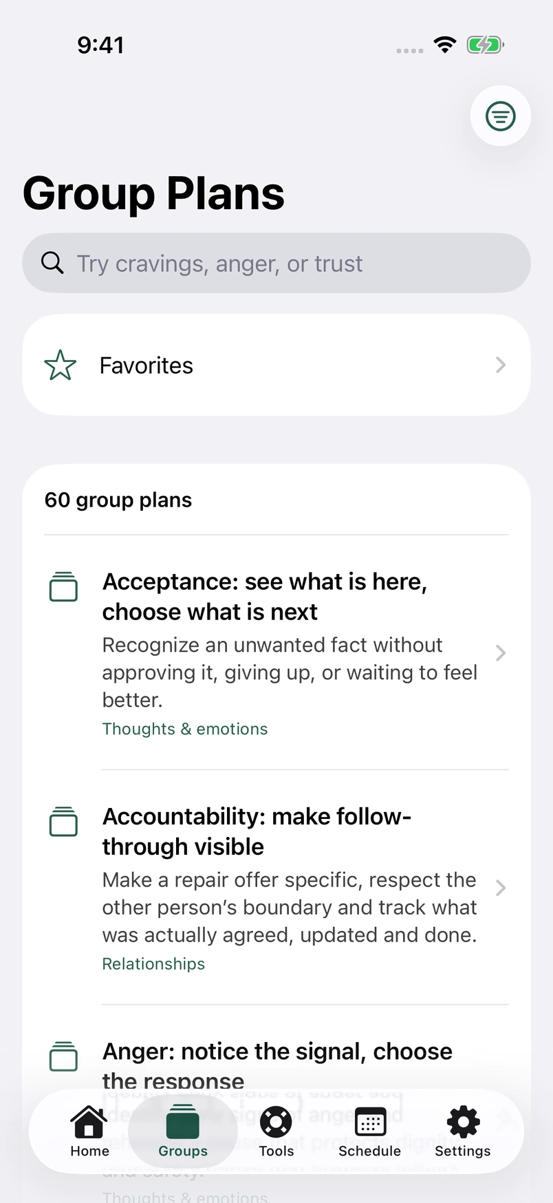 Current Pro Group Plans library with Favorites inside Group Plans and Schedule in the bottom navigation.
